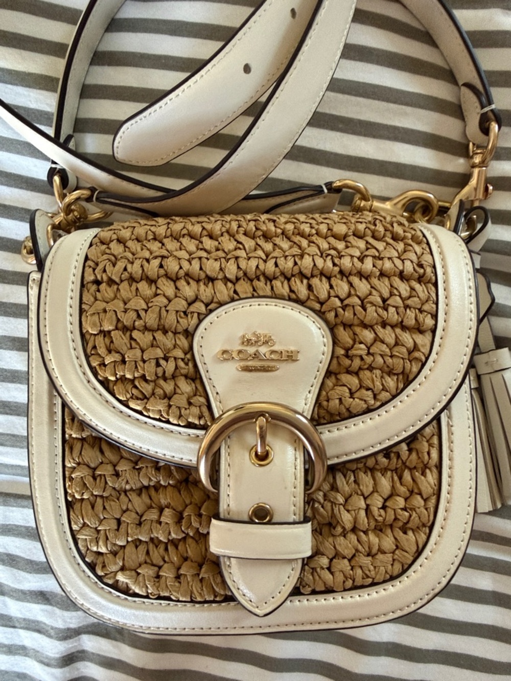 Coach Woven Straw and Cream Leather Crossbody with Gold Hardware